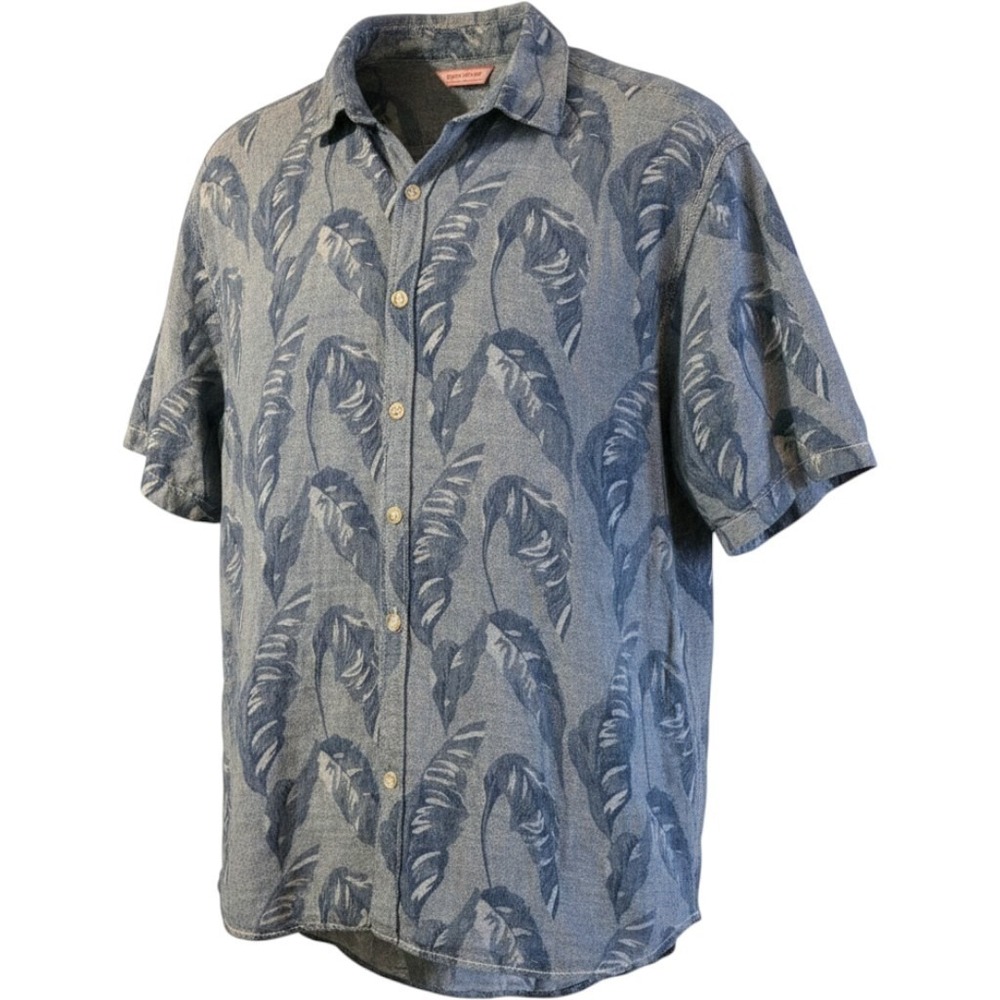 Tommy Bahama Mens XXL Blue Tropical Leaf Print Short Sleeve Button Up Shirt